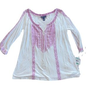 NWT INC Ladies White Tunic with Pink Embroidery, Cold Shoulder, Size L